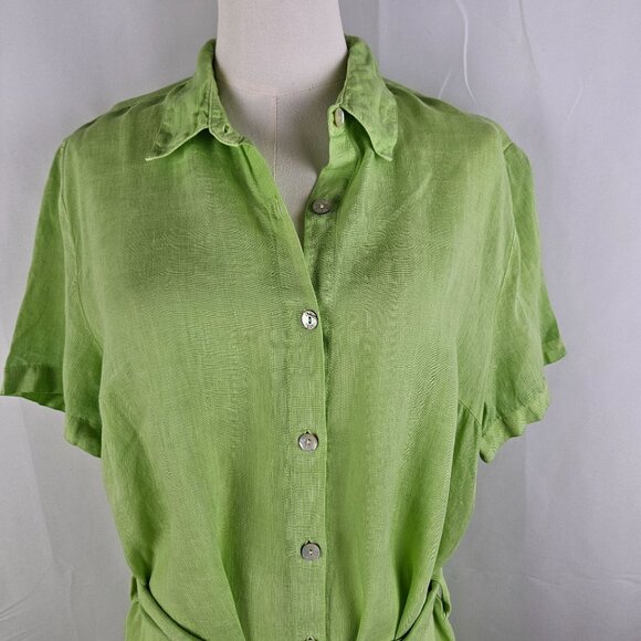 120% Lino Shirt Dress Lime Green Midi Linen Size XL or Italy 48 Belted Boho - Picture 4 of 15